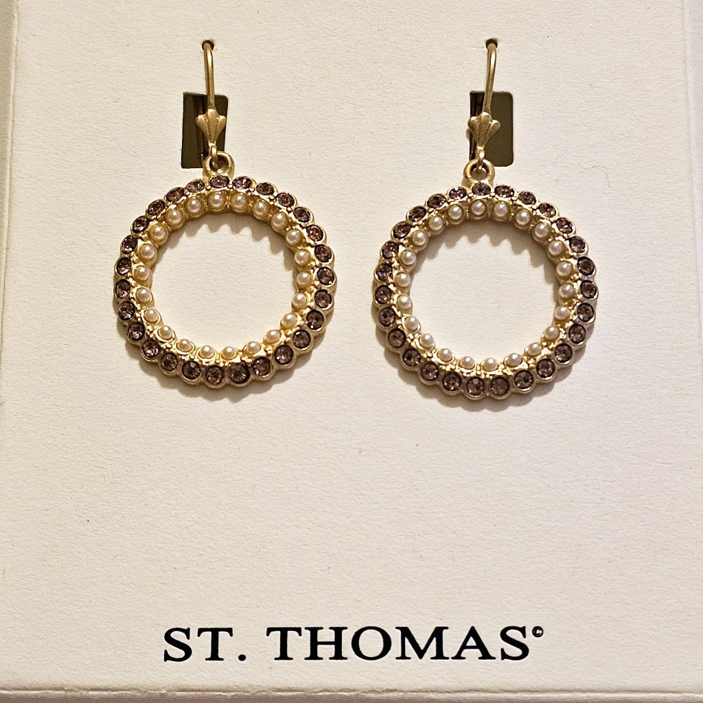 St Thomas Goldtone Round Amethyst Pearl Dangle Leverback Earrings 20$